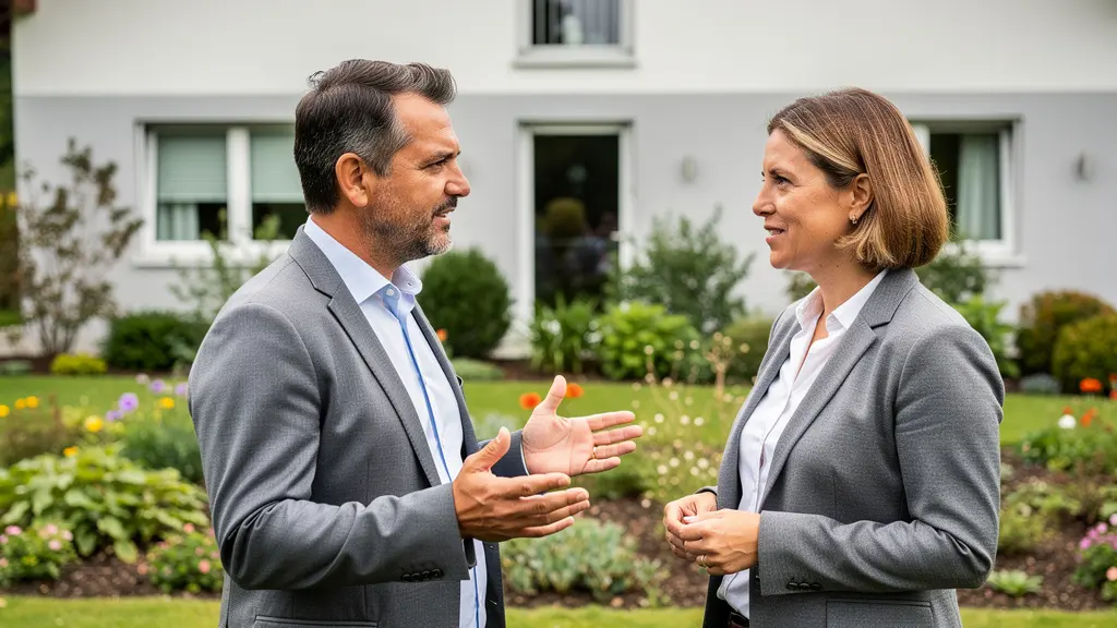 Zwei Personen im Gespräch vor einem Schweizer Haus bei einer Immobilienbewertung