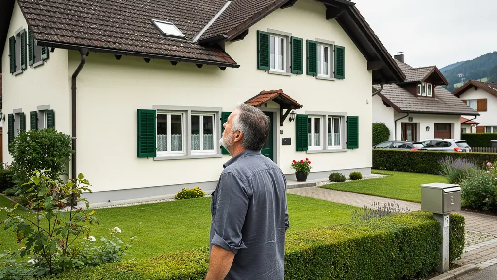 Eigentümer steht nachdenklich vor seinem Schweizer Einfamilienhaus zur Immobilienbewertung