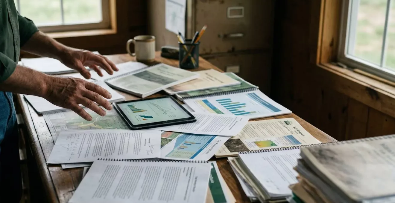 Landwirt an einem Schreibtisch inmitten von Dokumenten und digitalen Geräten, der nachdenklich Informationen filtert