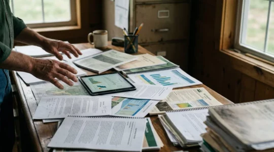 Landwirt an einem Schreibtisch inmitten von Dokumenten und digitalen Geräten, der nachdenklich Informationen filtert