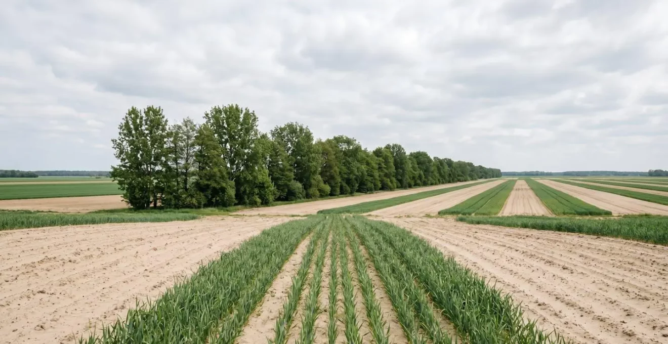 Weitwinkelaufnahme eines Agroforstsystems mit Baumreihen als Windschutz auf sandigen Ackerböden in Brandenburg