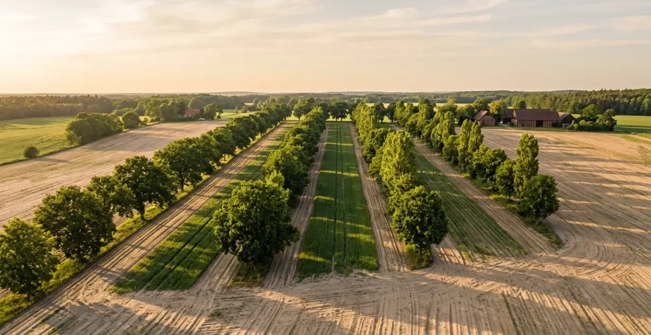Moderne Agroforstwirtschaft in Deutschland mit Baumreihen zwischen Ackerflächen zum Schutz vor Erosion und Trockenheit