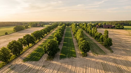 Moderne Agroforstwirtschaft in Deutschland mit Baumreihen zwischen Ackerflächen zum Schutz vor Erosion und Trockenheit
