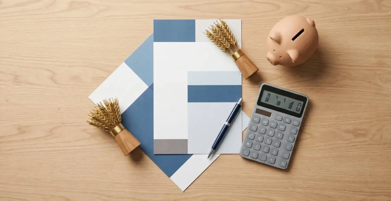 Symbolische Darstellung der Meisterausbildungsfinanzierung mit abstrakten Dokumenten und Taschenrechner auf aufgeräumtem Schreibtisch