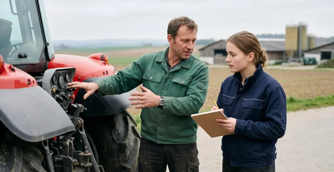 Landwirtschaftlicher Ausbilder erklärt jungem Auszubildenden moderne Agrartechnik auf dem Feld, Mentoring-Szene