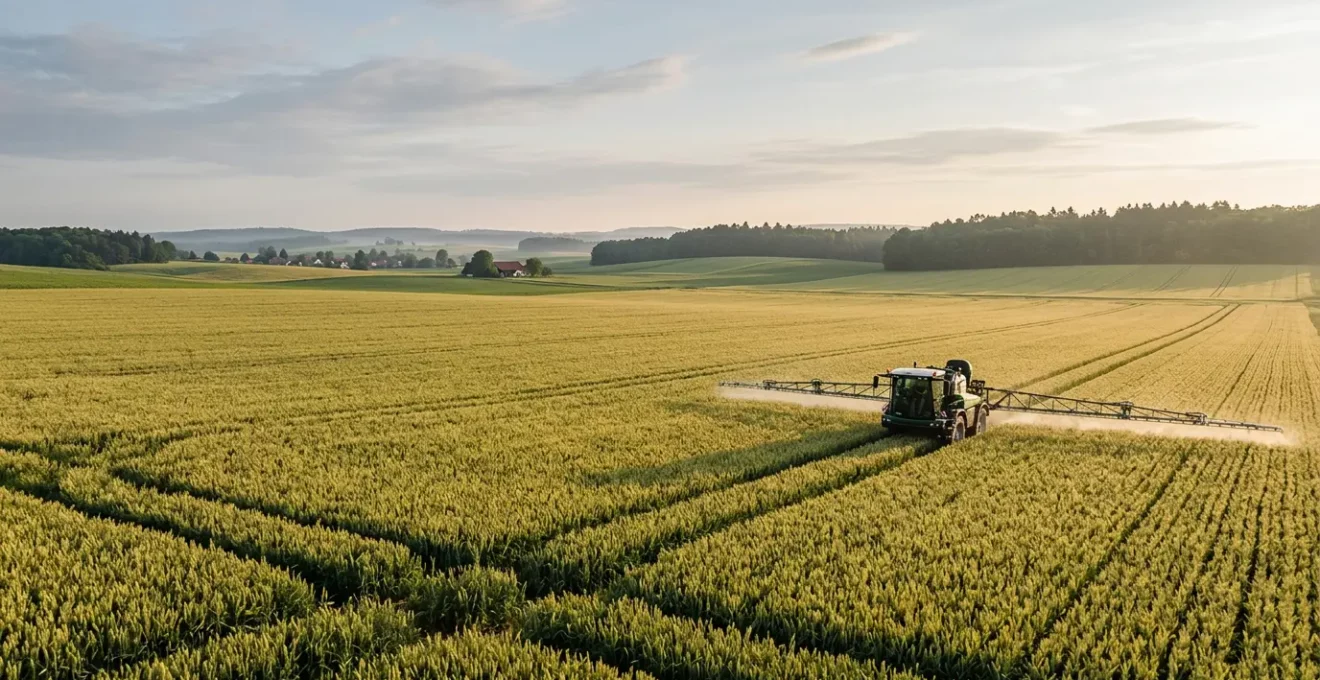 Moderne Präzisionslandwirtschaft mit gezielter Pflanzenschutzanwendung auf deutschem Weizenfeld