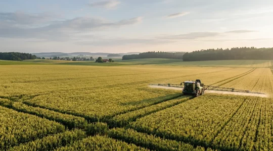Moderne Präzisionslandwirtschaft mit gezielter Pflanzenschutzanwendung auf deutschem Weizenfeld