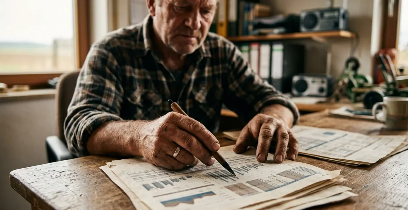 Landwirt analysiert Betriebszweigabrechnung auf einem modernen Bauernhof in Deutschland