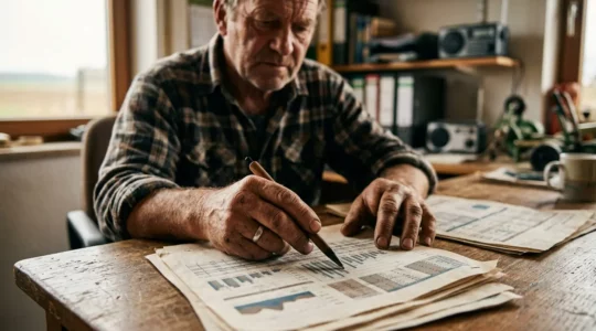 Landwirt analysiert Betriebszweigabrechnung auf einem modernen Bauernhof in Deutschland