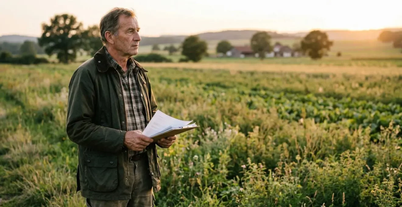 Landwirt betrachtet Bio-Felder während der Umstellungsphase mit Taschenrechner und Dokumenten