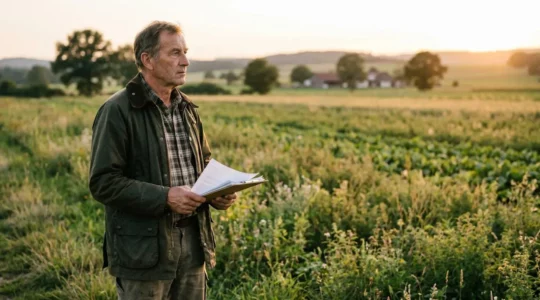 Landwirt betrachtet Bio-Felder während der Umstellungsphase mit Taschenrechner und Dokumenten