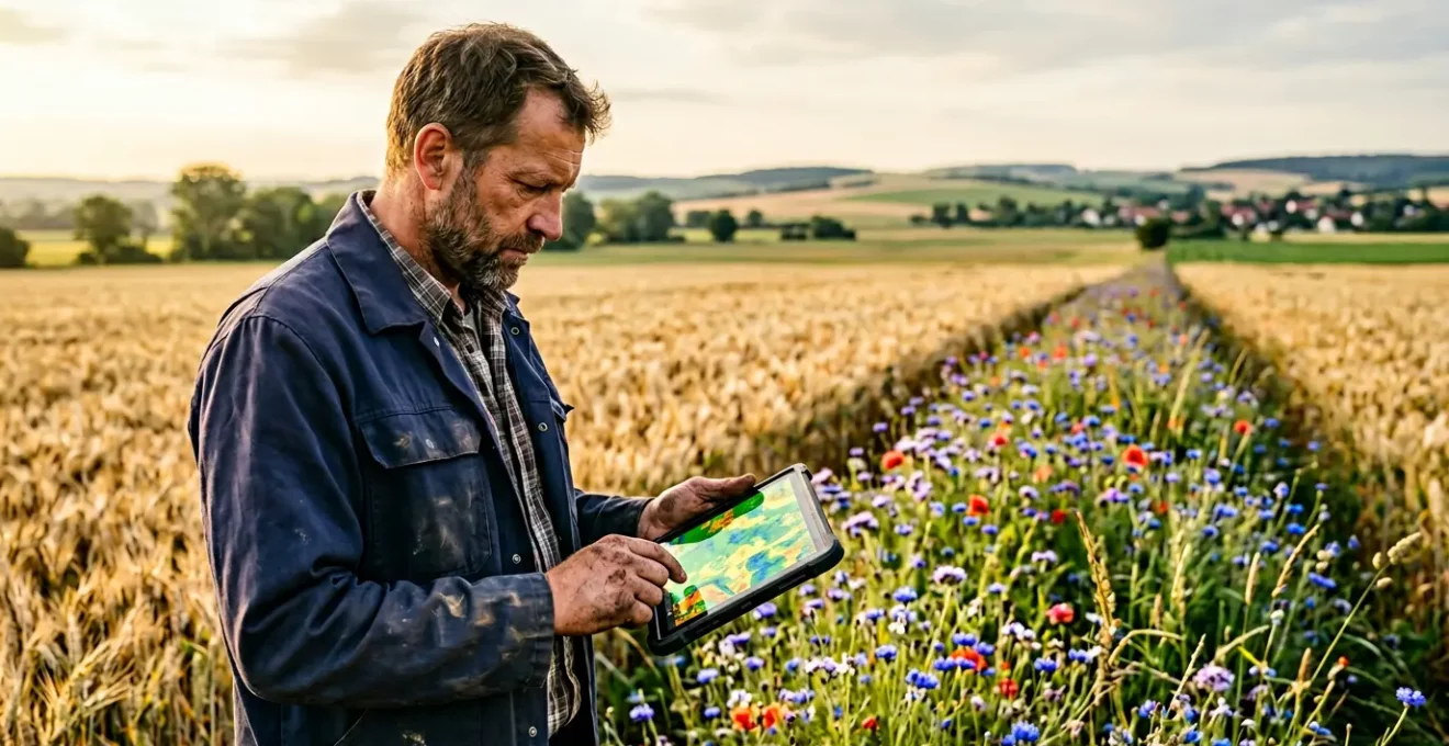 Landwirt plant Blühstreifen auf Ertragskarte mit Precision-Farming-Technologie für profitable Biodiversitätsflächen