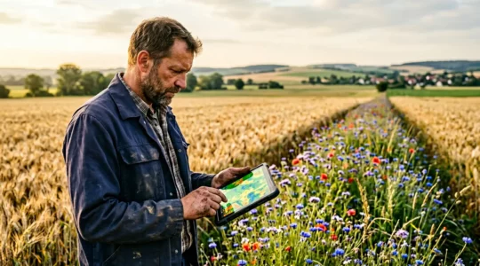 Landwirt plant Blühstreifen auf Ertragskarte mit Precision-Farming-Technologie für profitable Biodiversitätsflächen
