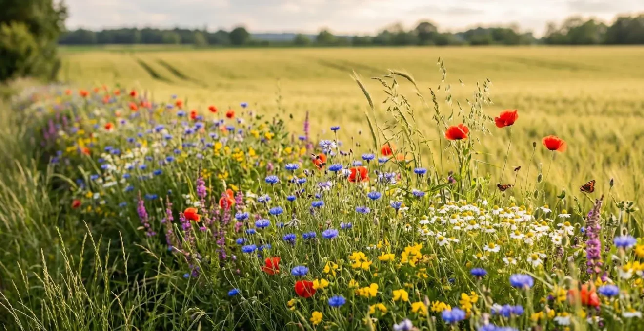 Natuerlicher Blühstreifen mit heimischen Wildblumen am Rand einer Ackerflaeche in Deutschland
