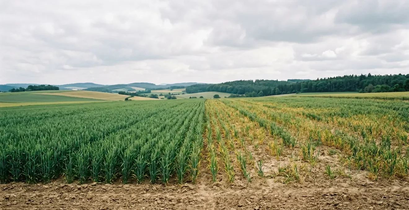 Erschöpfter Ackerboden mit sichtbaren Ertragseinbußen trotz Düngung in deutscher Agrarlandschaft