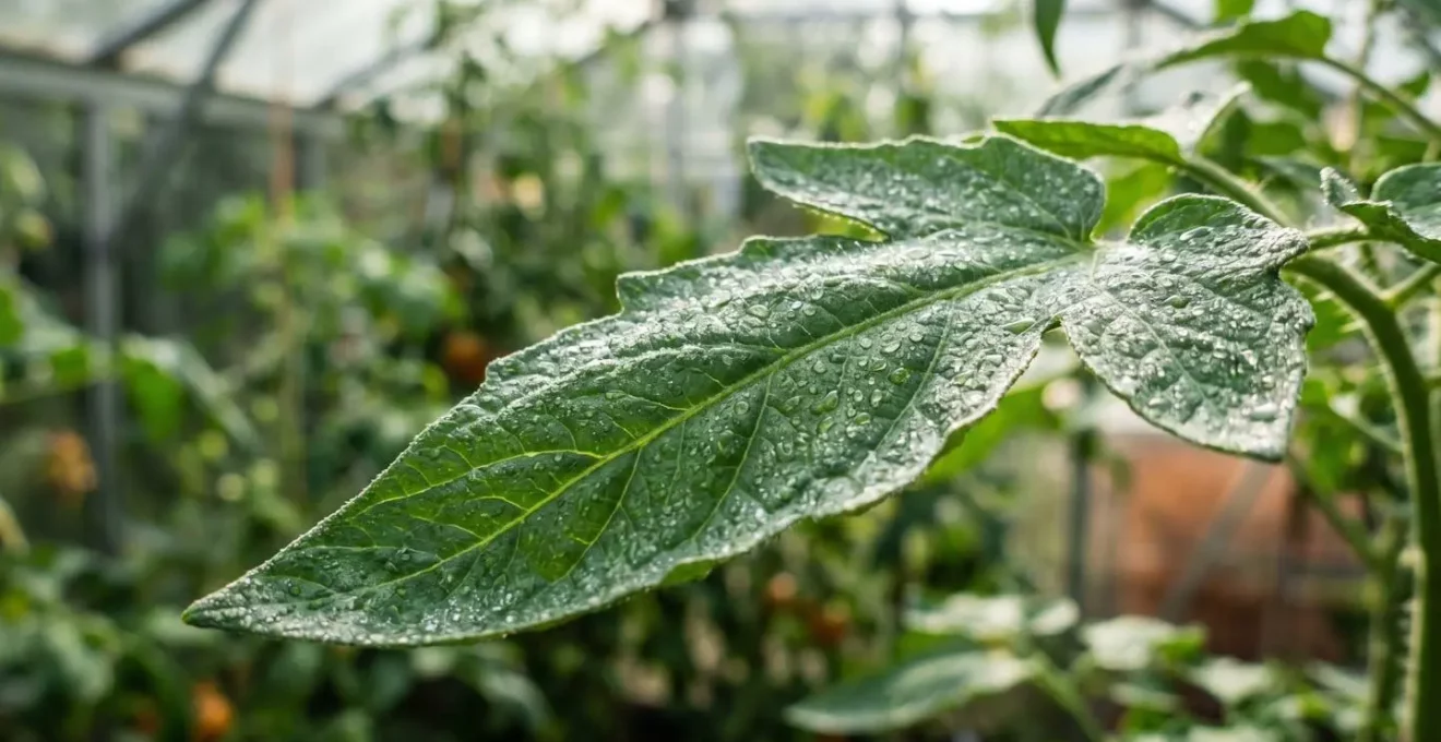 Nahaufnahme von kräftigen Tomatenpflanzen im Gewächshaus mit CO2-Anreicherung zeigt optimales Pflanzenwachstum und dichte Blattstruktur