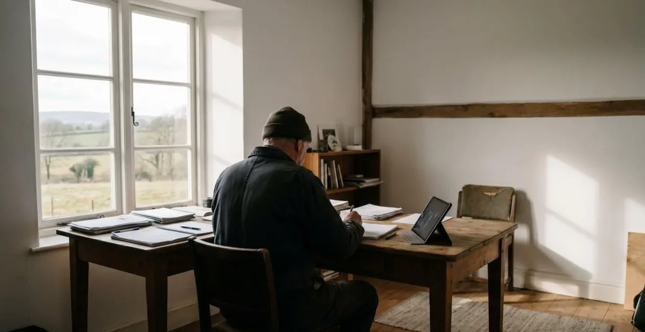 Bäuerin arbeitet mit digitaler Ackerschlagkartei auf Tablet im Büro