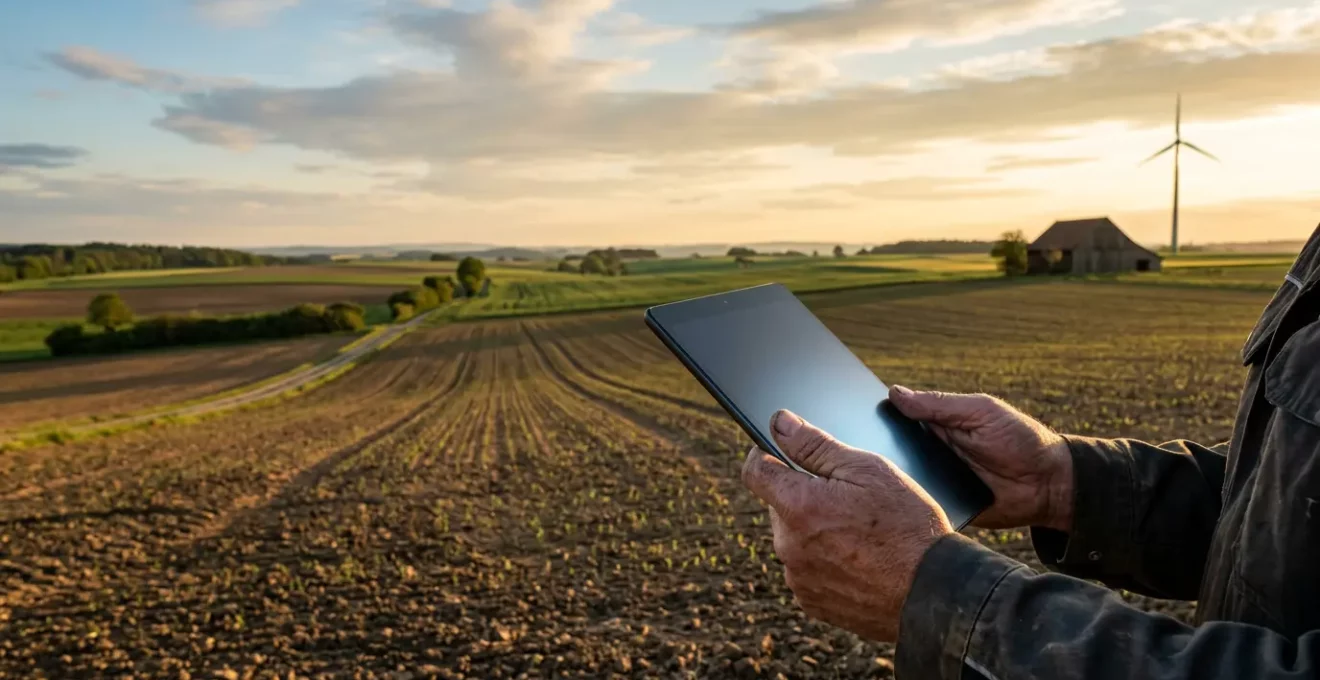 Moderne digitale Landwirtschaft mit Tablet auf deutschem Acker zur Dokumentation