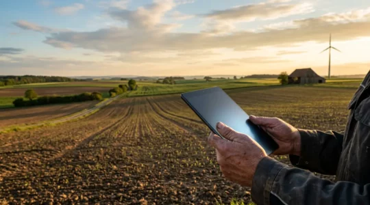 Moderne digitale Landwirtschaft mit Tablet auf deutschem Acker zur Dokumentation