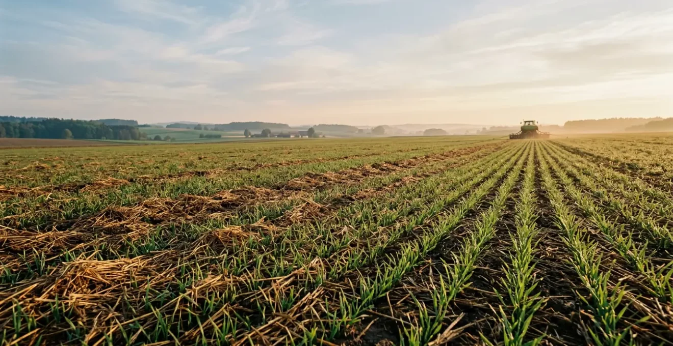 Moderne Direktsaattechnik auf deutschem Acker mit Mulchauflage und gesundem Boden