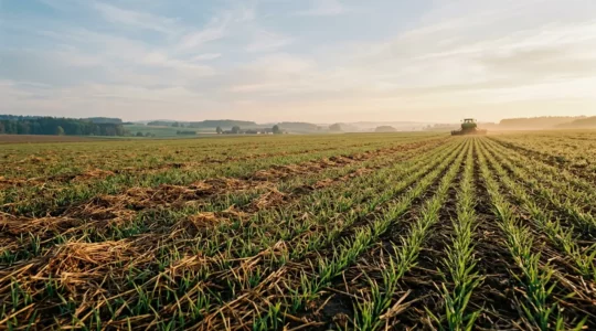 Moderne Direktsaattechnik auf deutschem Acker mit Mulchauflage und gesundem Boden
