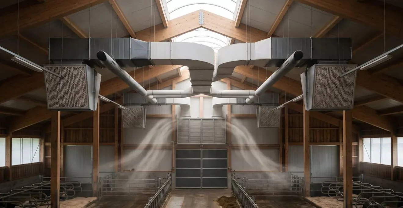 Symbolische Darstellung von Emissionsminderungstechniken im modernen Stallbau