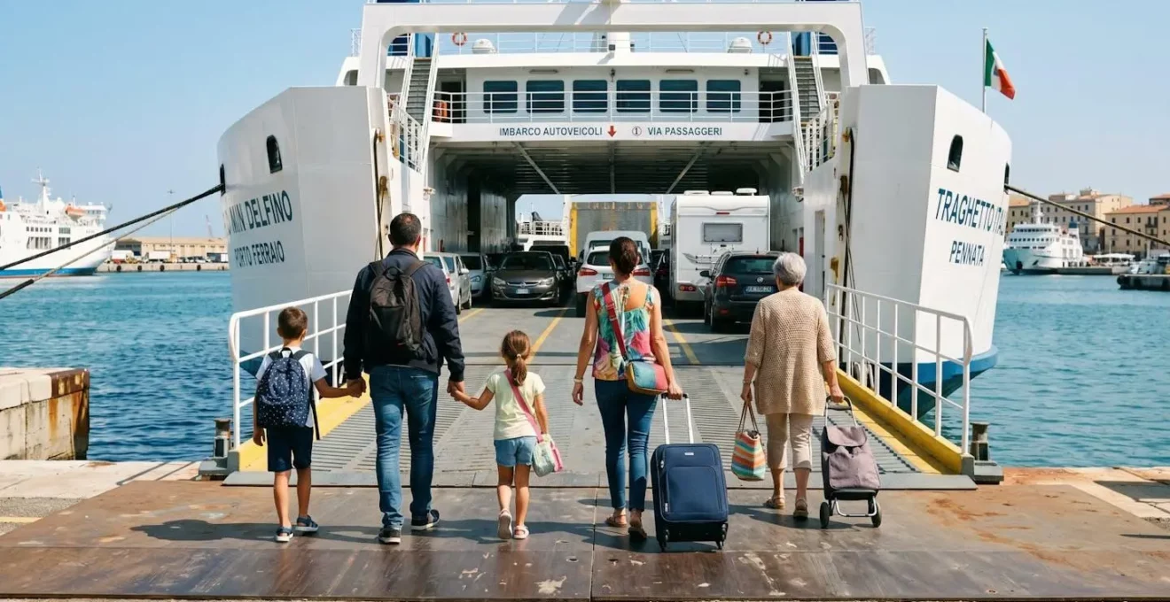 Familie von hinten beim Betreten einer modernen Fähre über die Fahrzeugrampe, natürliches Tageslicht, authentischer Urlaubsmoment