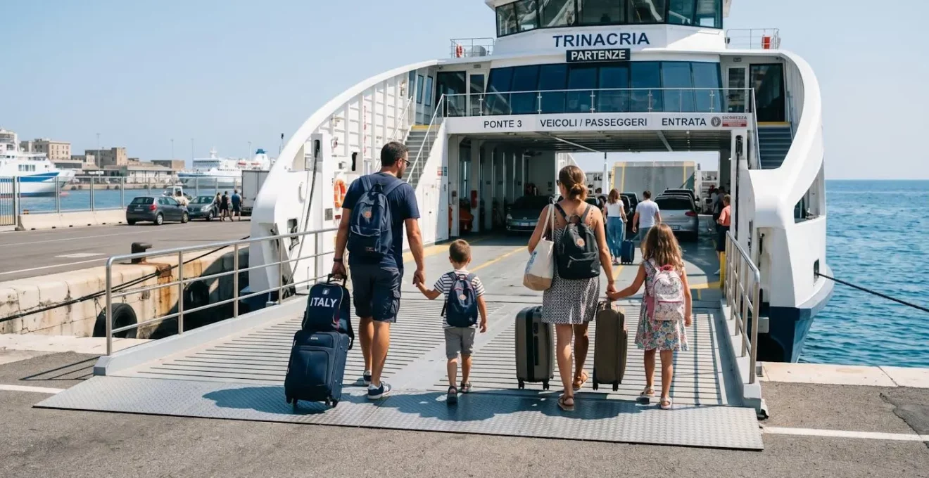 Familie von hinten beim Betreten einer modernen Fähre über die Fahrzeugrampe, natürliches Tageslicht, authentischer Urlaubsmoment