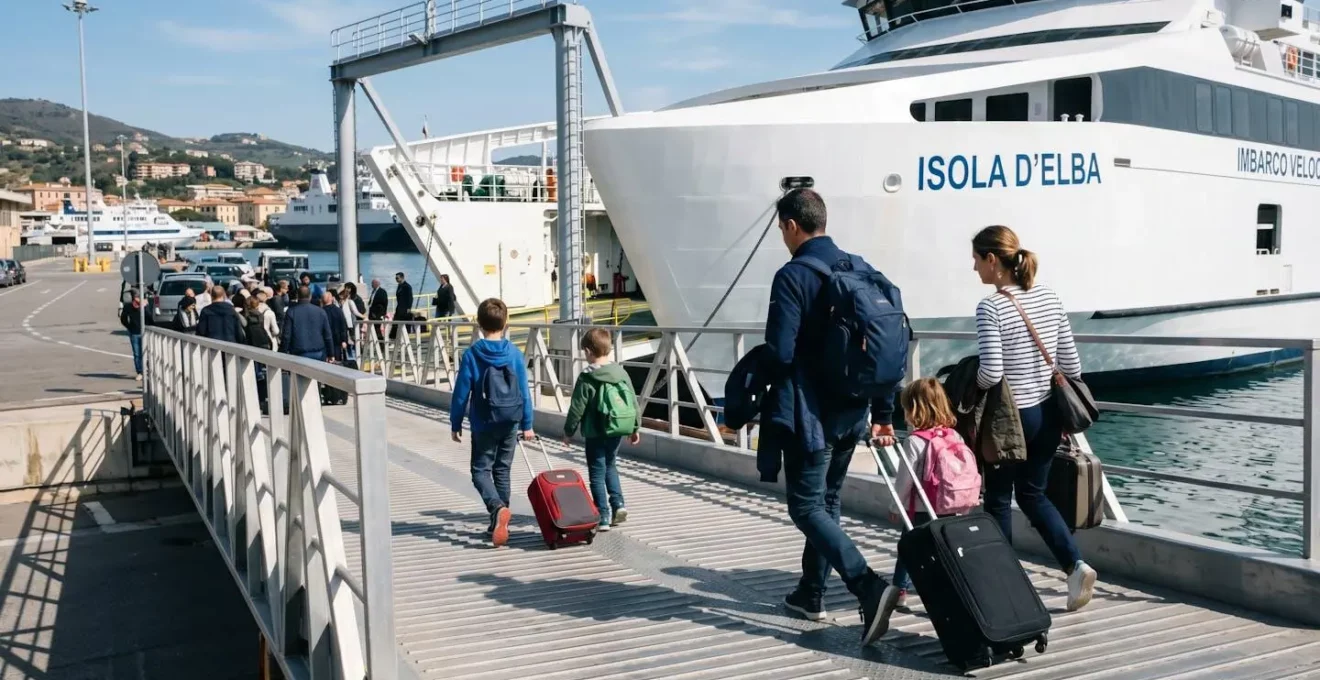 Familie von hinten beim Betreten einer modernen Fähre über die Fahrzeugrampe, natürliches Tageslicht, authentischer Urlaubsmoment