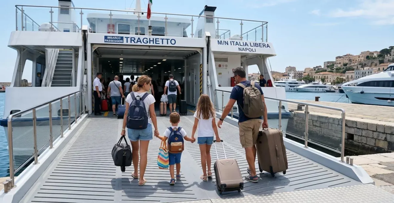 Familie von hinten beim Betreten einer modernen Fähre über die Fahrzeugrampe, natürliches Tageslicht, authentischer Urlaubsmoment