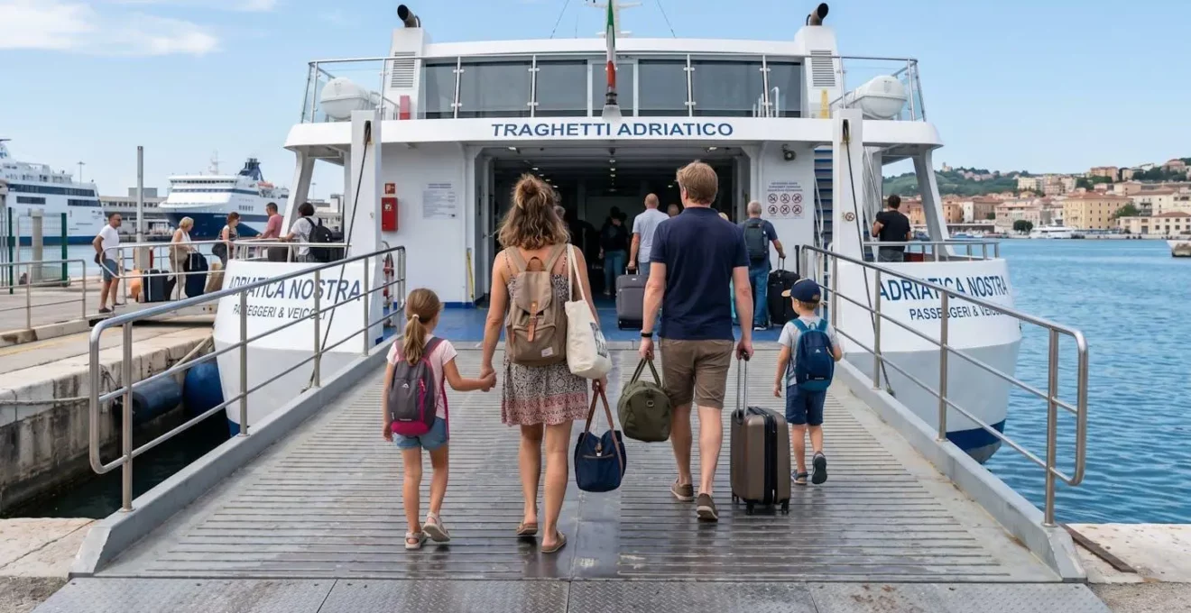 Familie von hinten beim Betreten einer modernen Fähre über die Fahrzeugrampe, natürliches Tageslicht, authentischer Urlaubsmoment