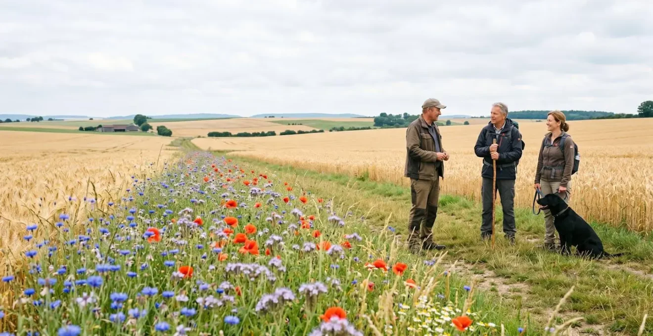 Landwirt steht an einem Blühstreifen und kommuniziert mit Spaziergängern über die Bedeutung der Biodiversitätsfläche