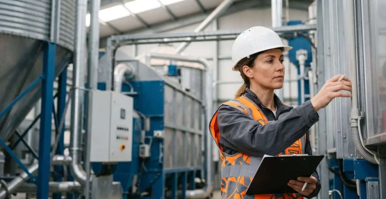 Energieberater bei der Inspektion einer landwirtschaftlichen Trocknungsanlage