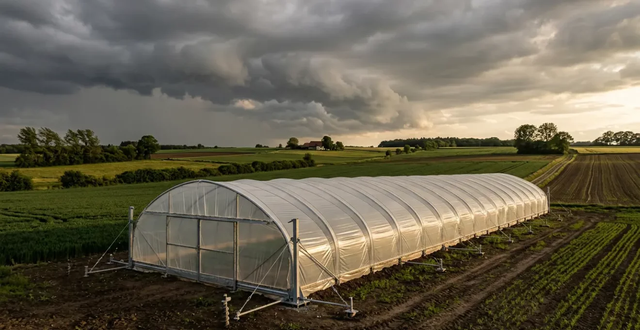 Professioneller Folientunnel auf landwirtschaftlicher Fläche mit robuster Verankerung gegen Sturmschäden
