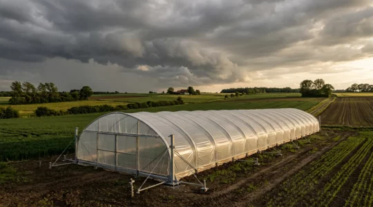 Professioneller Folientunnel auf landwirtschaftlicher Fläche mit robuster Verankerung gegen Sturmschäden