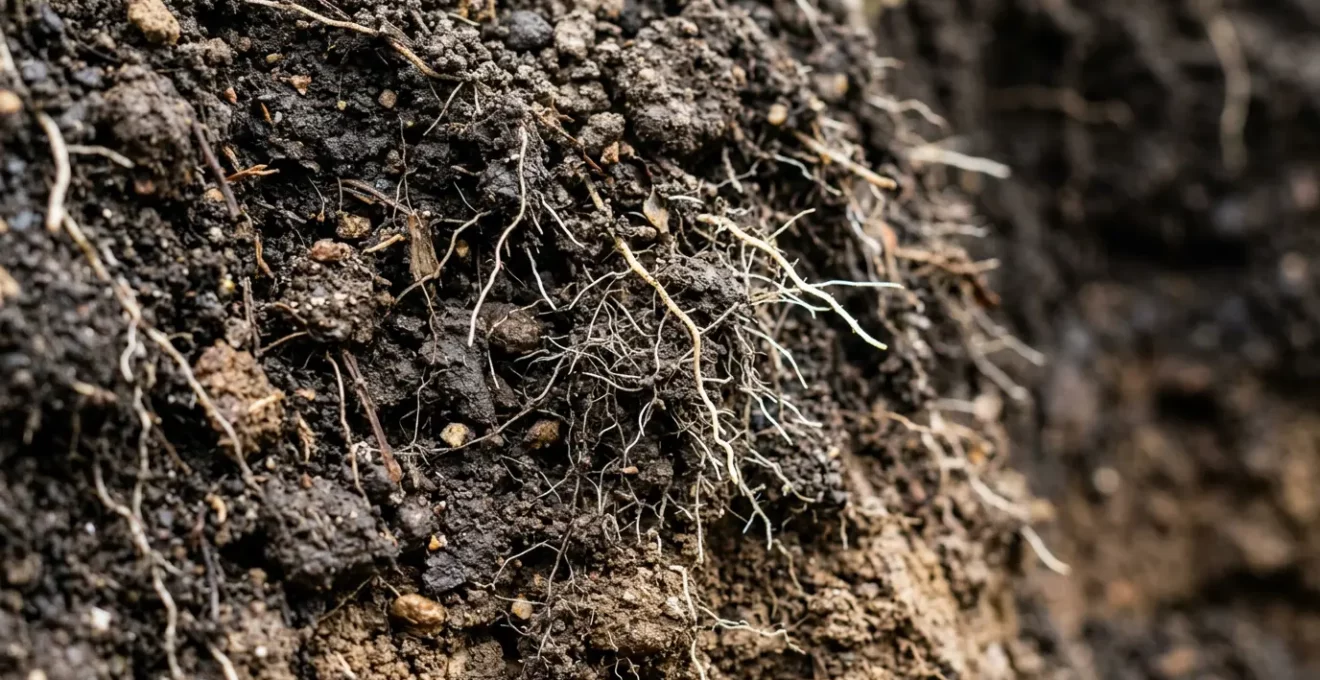 Gesunde Humusschicht eines regenerativ bewirtschafteten Ackerbodens in Deutschland mit Wurzeln und Bodenstruktur