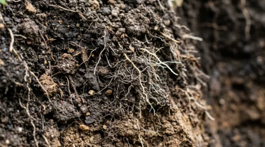 Gesunde Humusschicht eines regenerativ bewirtschafteten Ackerbodens in Deutschland mit Wurzeln und Bodenstruktur