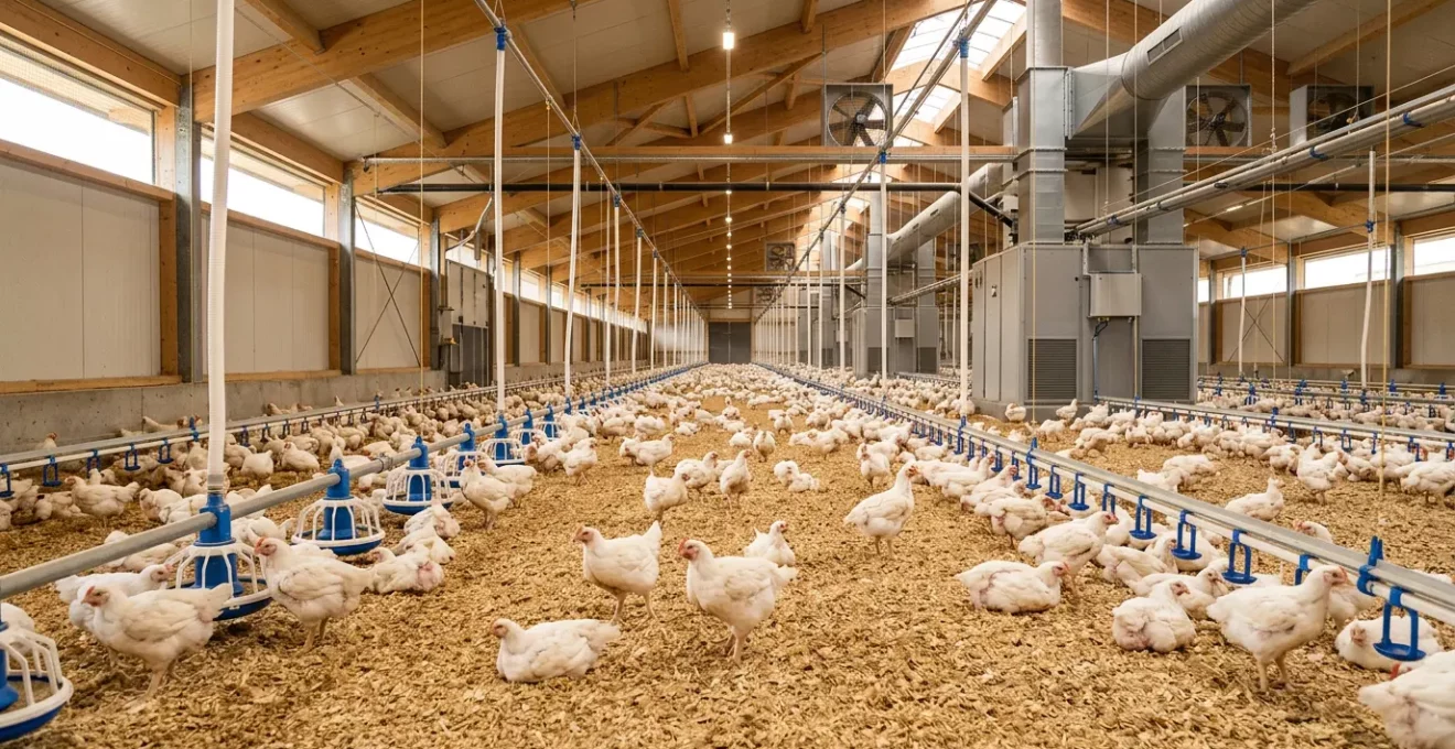 Gesunde Masthähnchen auf trockener Einstreu in modernem deutschen Geflügelstall mit optimaler Beleuchtung