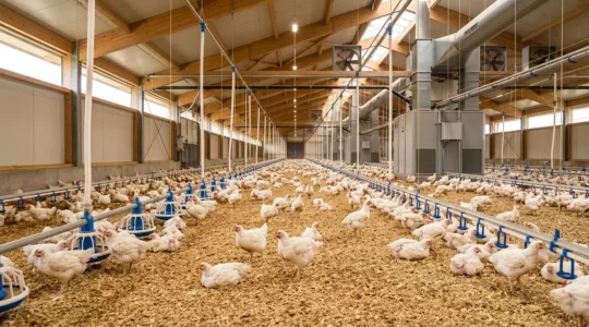 Gesunde Masthähnchen auf trockener Einstreu in modernem deutschen Geflügelstall mit optimaler Beleuchtung