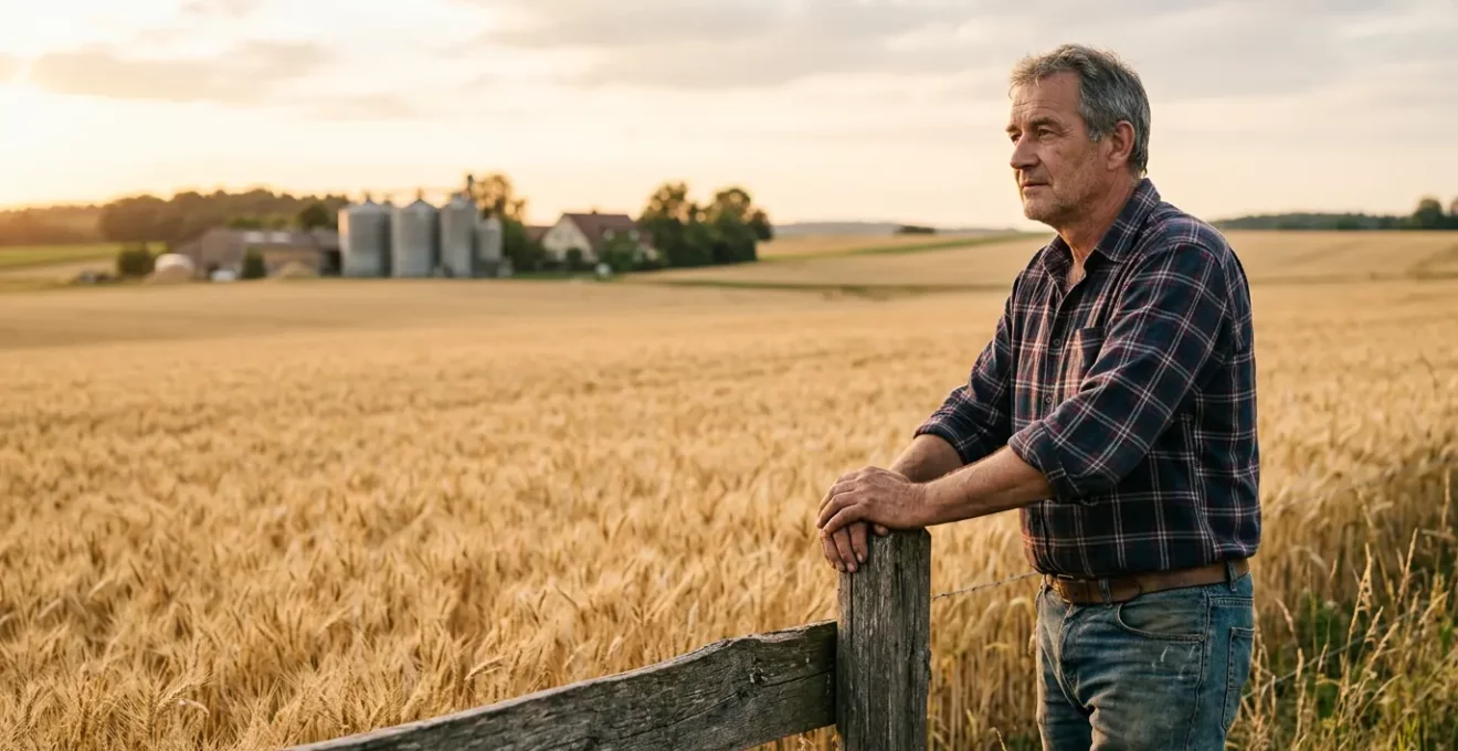 Landwirt überblickt Getreidefeld und trifft strategische Verkaufsentscheidungen