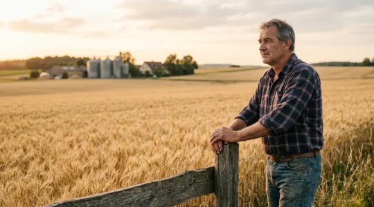 Landwirt überblickt Getreidefeld und trifft strategische Verkaufsentscheidungen