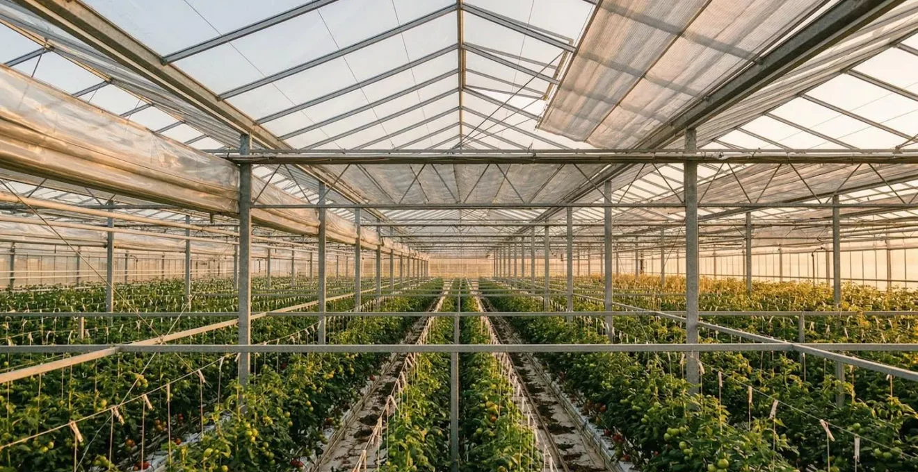 Modernes Gewächshaus mit Energieschirmen und Klimasteuerungssystemen zur Optimierung von Energiekosten und Erträgen