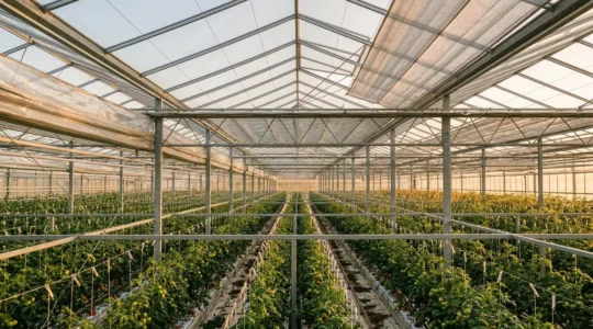 Modernes Gewächshaus mit Energieschirmen und Klimasteuerungssystemen zur Optimierung von Energiekosten und Erträgen