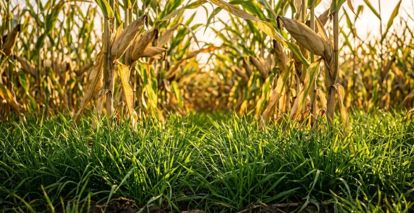 Grasuntersaat gedeiht im diffusen Licht unter dem Maisdach kurz vor der Ernte