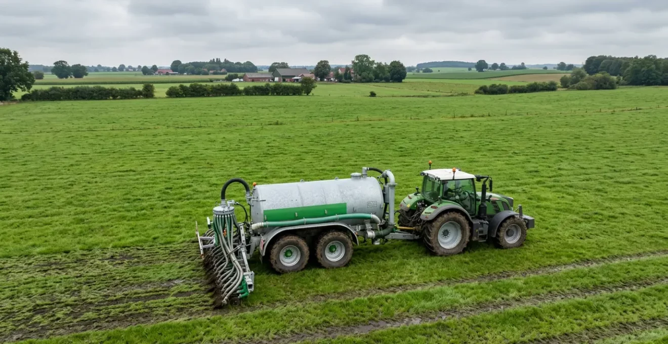 Modernes Güllefass mit Schleppschuhtechnik bei der bodennahen Ausbringung auf deutschem Grünland zur Einhaltung der Düngeverordnung