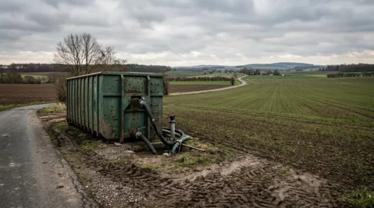 Moderne Güllelogistik mit LKW-Zubringer und Feldrandcontainer bei der Ausbringung auf deutschen Ackerflächen