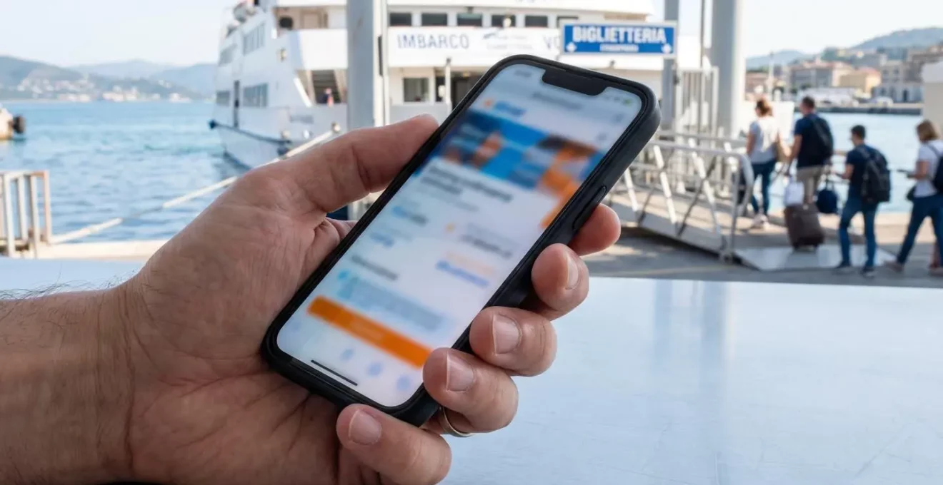 Nahaufnahme einer Hand, die ein Smartphone hält mit unscharfem Bildschirm, im Hintergrund verschwommenes Fährterminal