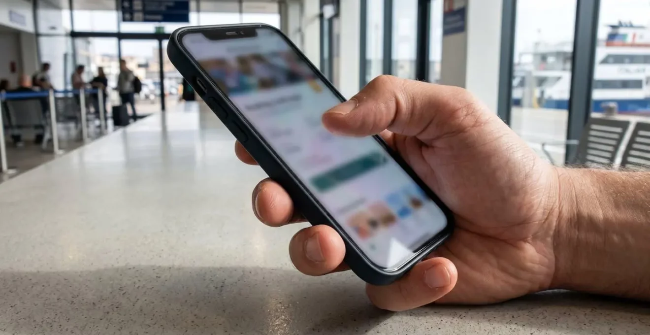 Nahaufnahme einer Hand, die ein Smartphone hält mit unscharfem Bildschirm, im Hintergrund verschwommenes Fährterminal