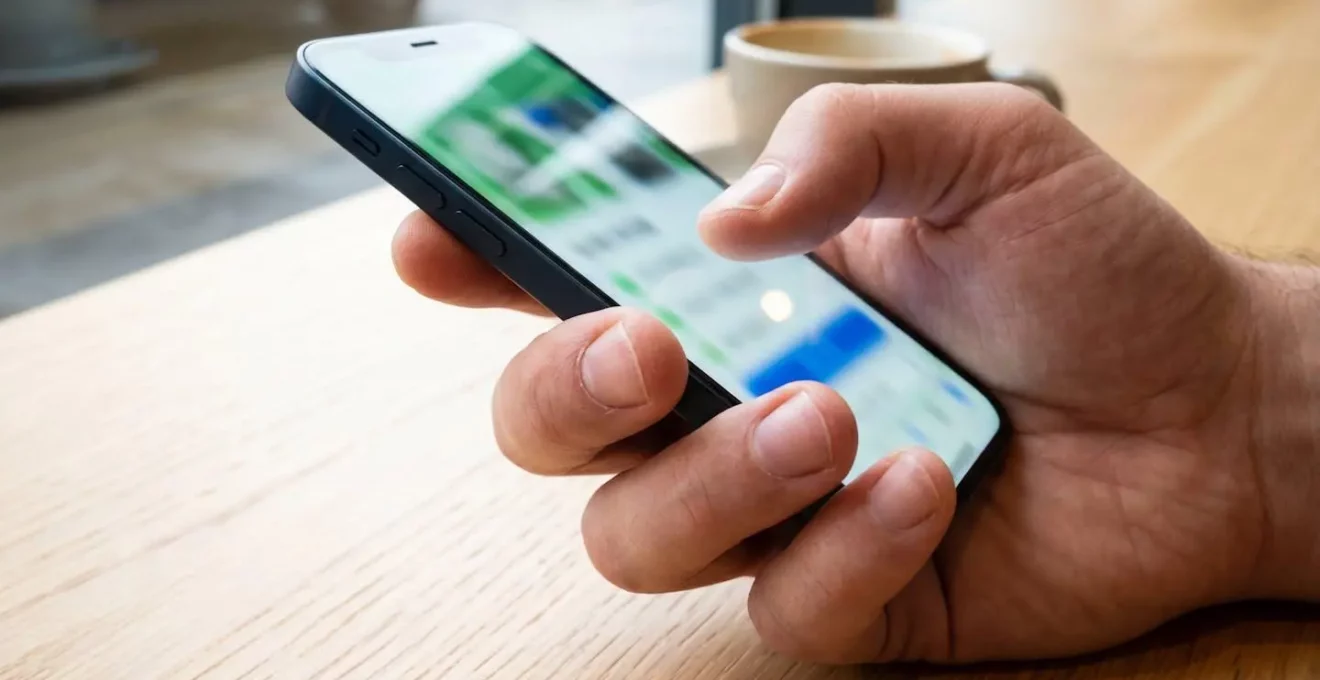 Nahaufnahme einer Hand, die ein Smartphone hält mit unscharfem Bildschirm, im Hintergrund verschwommenes Fährterminal