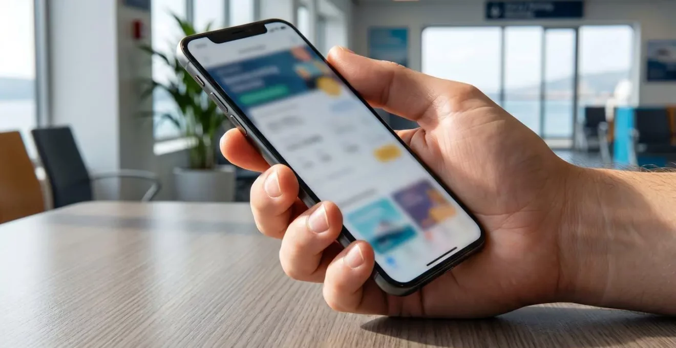 Nahaufnahme einer Hand, die ein Smartphone hält mit unscharfem Bildschirm, im Hintergrund verschwommenes Fährterminal